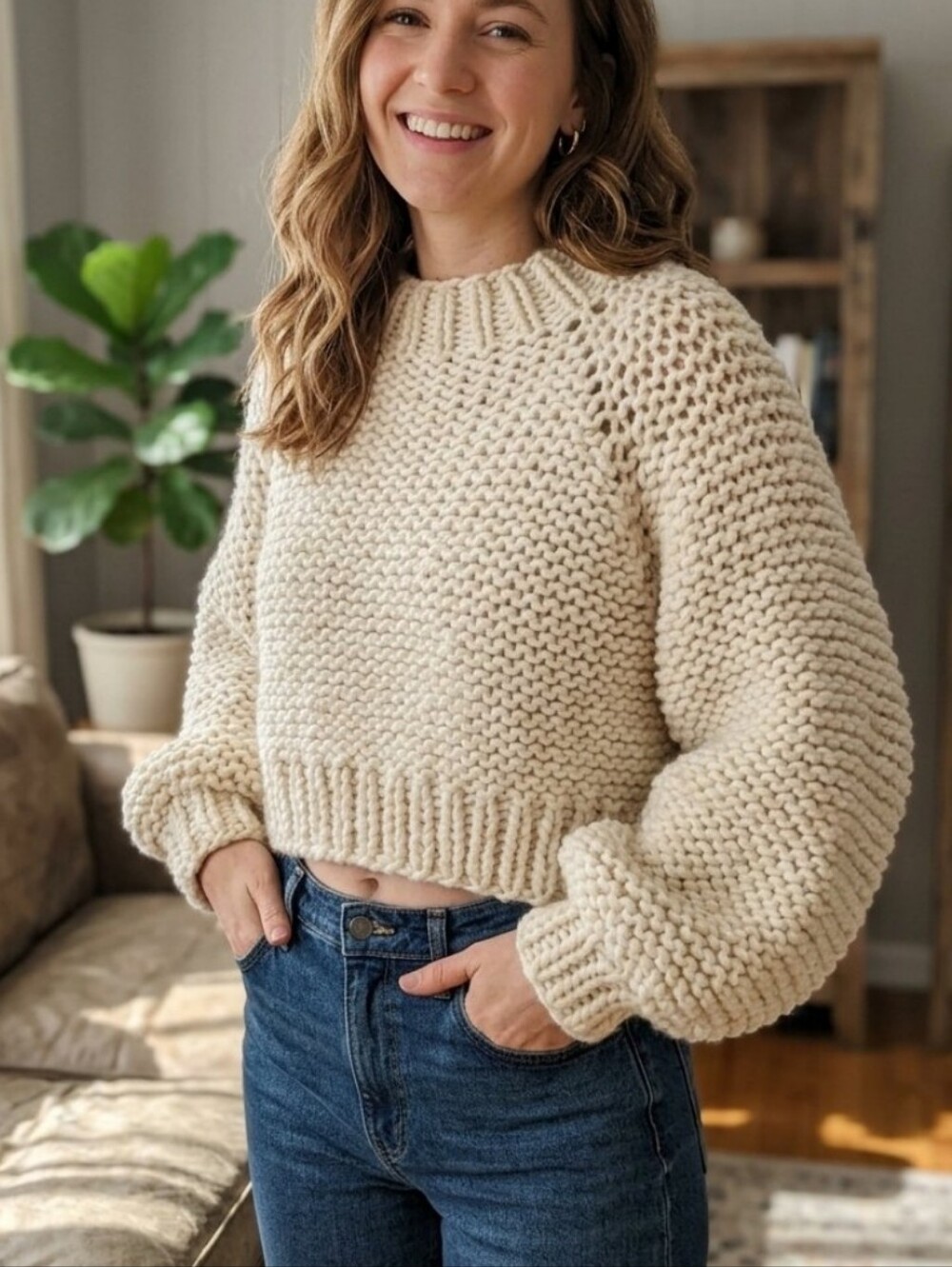 Chuncky Crop Cropped Sweater Cream Handknit Cozy Fall Soft Girl Cottagecore M L